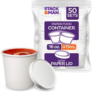 [16 oz. - 50 sets] paper food container with lid, insulated paper food cup with paper vented lid, hot or cold to go containers, soup container, ice cream cup, yogurt cup, eco-friendly white container