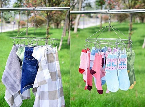 2 Pack Stainless Steel Sock Drying Rack with 72 Clips, Swivel Wind-Proof Hook Clothes Hanger Dryer for Sock, Underwear, Bra, Laundry Accessories