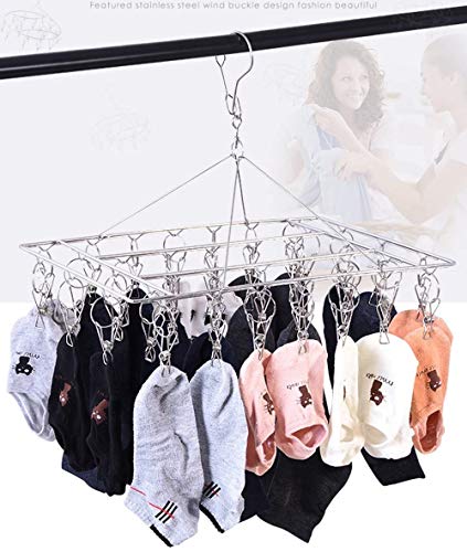 2 Pack Stainless Steel Sock Drying Rack with 72 Clips, Swivel Wind-Proof Hook Clothes Hanger Dryer for Sock, Underwear, Bra, Laundry Accessories