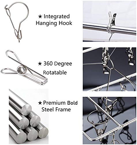 2 Pack Stainless Steel Sock Drying Rack with 72 Clips, Swivel Wind-Proof Hook Clothes Hanger Dryer for Sock, Underwear, Bra, Laundry Accessories