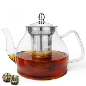 tetwin glass teapot including 2 blooming flower tea balls, stovetop safe tea pot with removable infuser for blooming and loose leaf tea, 1000ml / 33.8oz