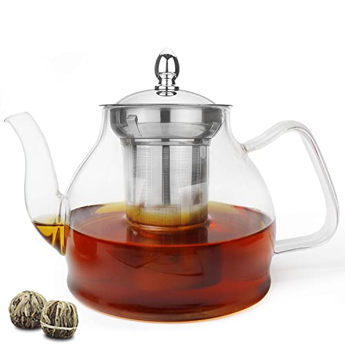 TETWIN Glass Teapot Including 2 Blooming Flower Tea Balls, Stovetop Safe Tea Pot with Removable Infuser for Blooming and Loose Leaf Tea, 1000ml / 33.8oz