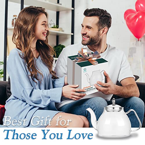 TETWIN Glass Teapot Including 2 Blooming Flower Tea Balls, Stovetop Safe Tea Pot with Removable Infuser for Blooming and Loose Leaf Tea, 1000ml / 33.8oz