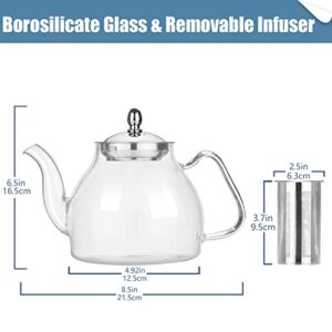 TETWIN Glass Teapot Including 2 Blooming Flower Tea Balls, Stovetop Safe Tea Pot with Removable Infuser for Blooming and Loose Leaf Tea, 1000ml / 33.8oz