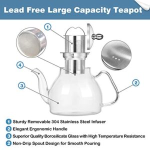 TETWIN Glass Teapot Including 2 Blooming Flower Tea Balls, Stovetop Safe Tea Pot with Removable Infuser for Blooming and Loose Leaf Tea, 1000ml / 33.8oz