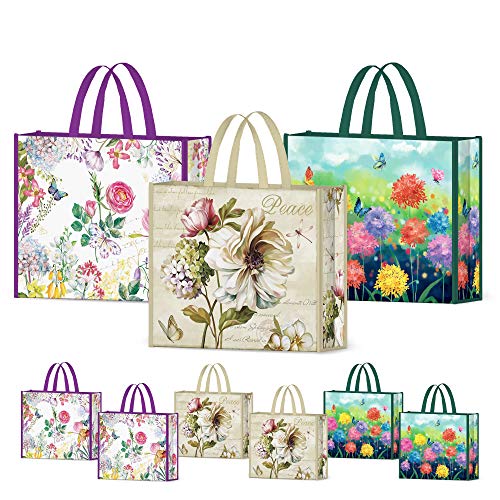 NymphFable 6 Pack Grocery Bags Reusable Peony Colorful Flowers Butterflies Shopping Bags Washable Foldable Tote Bag