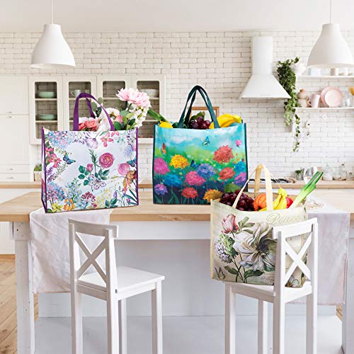 NymphFable 6 Pack Grocery Bags Reusable Peony Colorful Flowers Butterflies Shopping Bags Washable Foldable Tote Bag