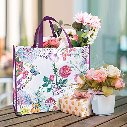 NymphFable 6 Pack Grocery Bags Reusable Peony Colorful Flowers Butterflies Shopping Bags Washable Foldable Tote Bag