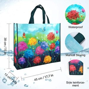 NymphFable 6 Pack Grocery Bags Reusable Peony Colorful Flowers Butterflies Shopping Bags Washable Foldable Tote Bag