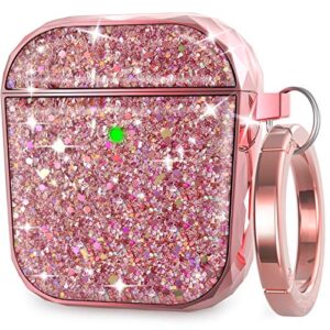 ahastyle airpods case for women girls luxury glittery, glossy hard protective case cover compatible with apple airpods 2 & 1(rose gold)