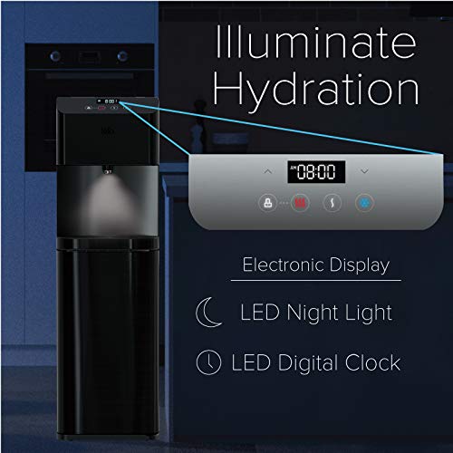 Brio Moderna UV Self Cleaning Bottleless Water Cooler Dispenser with Filtration – Adjustable Temperature – Digital Clock – LED Nightlight – Tri Temp Hot, Cold, and Room, Black Stainless Steel