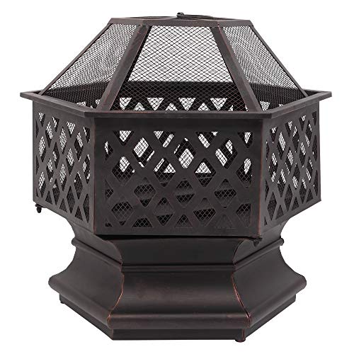 Douup Hexagon Fire Pit Fireplace Portable Firepit Iron Brazier Wood Burning Coal Pit Hex Shaped Fire Bowl Stove for Outdoor Outside Camping Patio Garden Backyard 22"