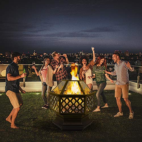 Douup Hexagon Fire Pit Fireplace Portable Firepit Iron Brazier Wood Burning Coal Pit Hex Shaped Fire Bowl Stove for Outdoor Outside Camping Patio Garden Backyard 22"