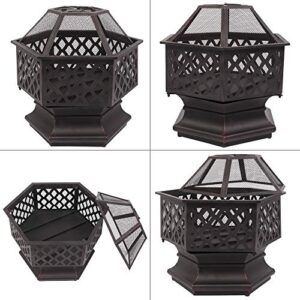 Douup Hexagon Fire Pit Fireplace Portable Firepit Iron Brazier Wood Burning Coal Pit Hex Shaped Fire Bowl Stove for Outdoor Outside Camping Patio Garden Backyard 22"