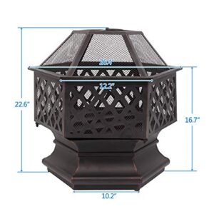 Douup Hexagon Fire Pit Fireplace Portable Firepit Iron Brazier Wood Burning Coal Pit Hex Shaped Fire Bowl Stove for Outdoor Outside Camping Patio Garden Backyard 22"