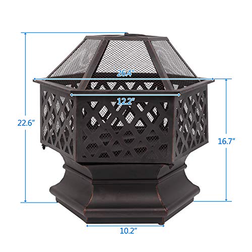 Douup Hexagon Fire Pit Fireplace Portable Firepit Iron Brazier Wood Burning Coal Pit Hex Shaped Fire Bowl Stove for Outdoor Outside Camping Patio Garden Backyard 22"