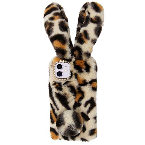 Rabbit Case for LG Stylo 6, LCHDA Cute 3D Bunny Ears Soft Furry Hairball Fuzzy Warm Winter Faux Fur Plush Fluffy Flexible TPU Bumper Women Girls Protective Skin Cover - Leopard Beige