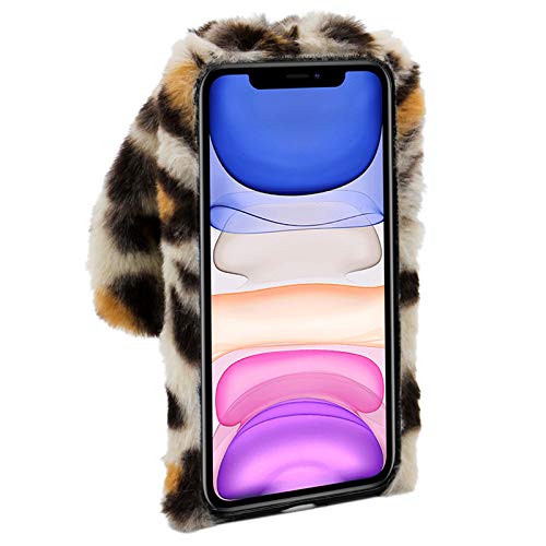 Rabbit Case for LG Stylo 6, LCHDA Cute 3D Bunny Ears Soft Furry Hairball Fuzzy Warm Winter Faux Fur Plush Fluffy Flexible TPU Bumper Women Girls Protective Skin Cover - Leopard Beige