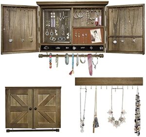 glant rustic wall mounted jewelry organizer with wooden barndoor decor,wooden wall mount holder,jewelry holder for necklaces, earings, bracelets, ring holder (wood color)