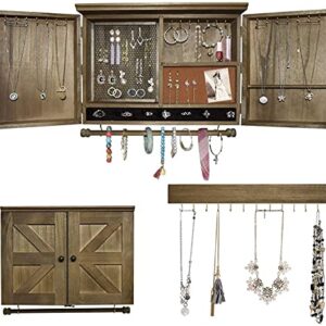 GLANT Rustic Wall Mounted Jewelry Organizer with Wooden Barndoor Decor,Wooden Wall Mount Holder,Jewelry holder for Necklaces, Earings, Bracelets, Ring Holder (Wood color)