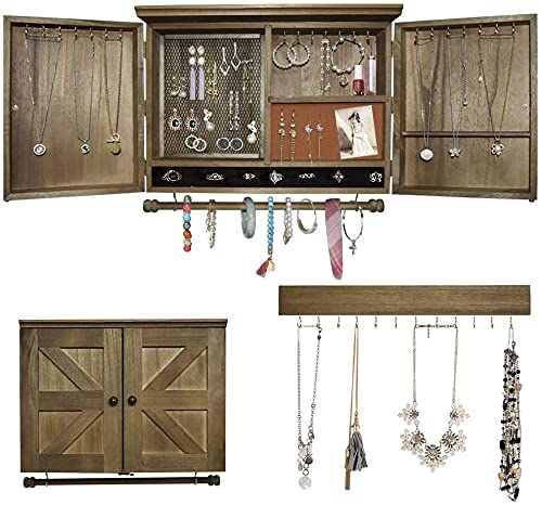 GLANT Rustic Wall Mounted Jewelry Organizer with Wooden Barndoor Decor,Wooden Wall Mount Holder,Jewelry holder for Necklaces, Earings, Bracelets, Ring Holder (Wood color)