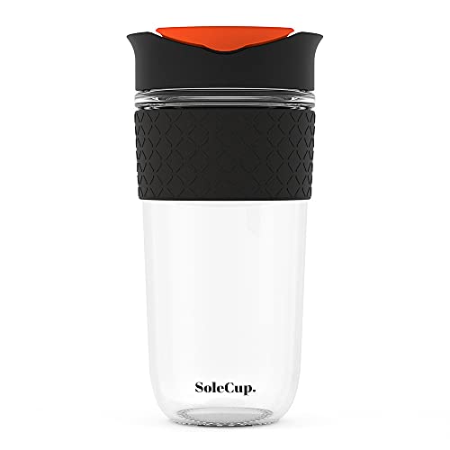 SoleCup. Large Travel Mug Loose Tea Infuser - Detachable Tea Strainer with Spill Proof Lid - 18oz/530ml BPA-Free Reusable Glass Travel Coffee Cup with Silicone Band (Black)