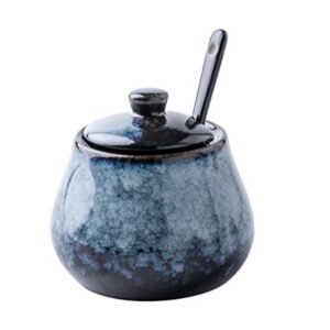 Antique Ceramic Sugar Bowl Salt Bowl with Lid and Spoon 8oz Seasoning (Grey Blue) Seasoning Can