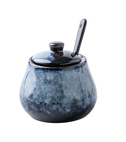 Antique Ceramic Sugar Bowl Salt Bowl with Lid and Spoon 8oz Seasoning (Grey Blue) Seasoning Can