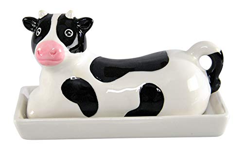 HOME-X Black and White Cow Butter Dish, Butter Dish with Cover, Farmhouse Dish for Stick of Butter Stick, Dish with Lid, 6 ¾”L x 3 ¼” W x 3 ½”H, Black/White