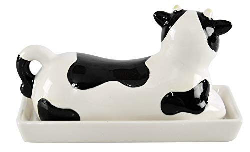 HOME-X Black and White Cow Butter Dish, Butter Dish with Cover, Farmhouse Dish for Stick of Butter Stick, Dish with Lid, 6 ¾”L x 3 ¼” W x 3 ½”H, Black/White