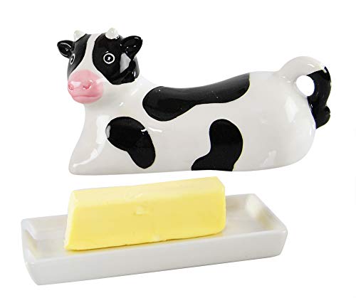 HOME-X Black and White Cow Butter Dish, Butter Dish with Cover, Farmhouse Dish for Stick of Butter Stick, Dish with Lid, 6 ¾”L x 3 ¼” W x 3 ½”H, Black/White