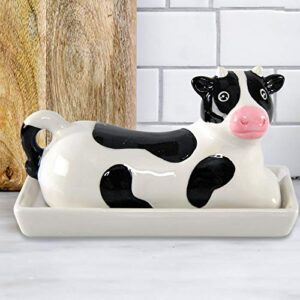 HOME-X Black and White Cow Butter Dish, Butter Dish with Cover, Farmhouse Dish for Stick of Butter Stick, Dish with Lid, 6 ¾”L x 3 ¼” W x 3 ½”H, Black/White