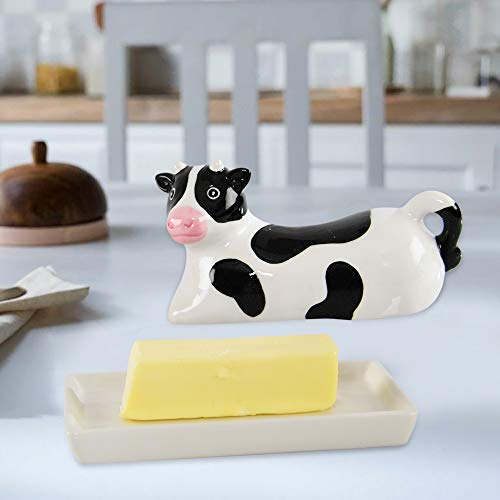 HOME-X Black and White Cow Butter Dish, Butter Dish with Cover, Farmhouse Dish for Stick of Butter Stick, Dish with Lid, 6 ¾”L x 3 ¼” W x 3 ½”H, Black/White