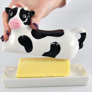 HOME-X Black and White Cow Butter Dish, Butter Dish with Cover, Farmhouse Dish for Stick of Butter Stick, Dish with Lid, 6 ¾”L x 3 ¼” W x 3 ½”H, Black/White