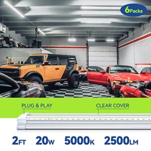 Monios-L LED Shop Light 2FT 20W, Linkable Utility Ceiling Lights,V-Shaped 2500lm 5000K Daylight,T8 Integrated Fixtures LEDs Tubes, Garage Lighting for Workshop,Work Bench,Basement,Plug & Play 6-Pack