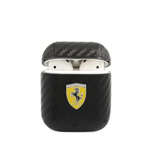 ferrari airpods case cover in black on track, compatible with apple airpods 1 and airpods 2, pu carbon protective hard case, shockproof, wireless charging, and signature metal logo