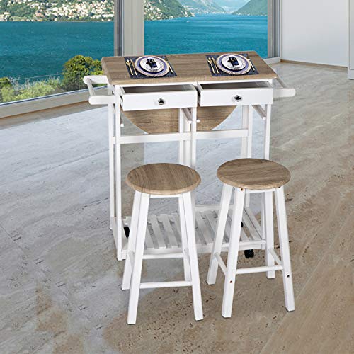 Drop Leaf Breakfast Table Space Saving Dining Table Island Table for Kitchen with Chairs Breakfast Cart with Stools