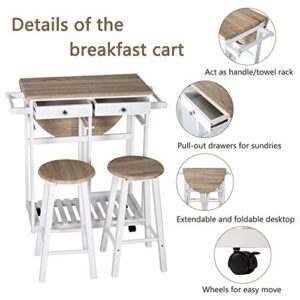 Drop Leaf Breakfast Table Space Saving Dining Table Island Table for Kitchen with Chairs Breakfast Cart with Stools