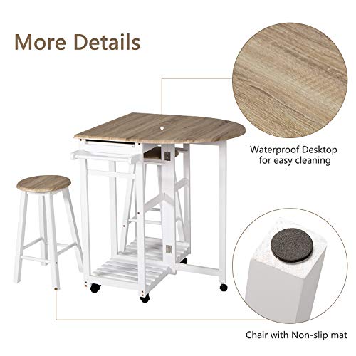 Drop Leaf Breakfast Table Space Saving Dining Table Island Table for Kitchen with Chairs Breakfast Cart with Stools