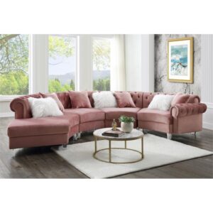 Acme Furniture Velvet Upholstered Sectional Sofa with 7 Pillows, Pink