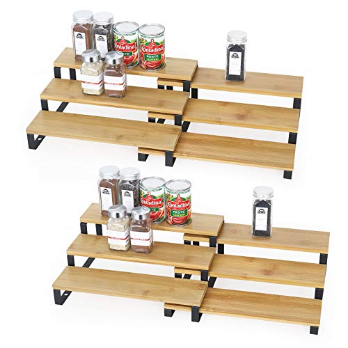 MOOACE 3 Tier Expandable Spice Rack Set, (15.35"-22.2" L) Large 4 Pack Step Shelf Organizer for Cabinet Countertop Pantry Cupboard