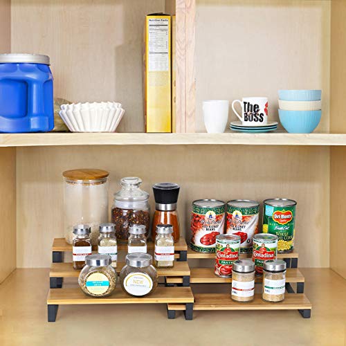 MOOACE 3 Tier Expandable Spice Rack Set, (15.35"-22.2" L) Large 4 Pack Step Shelf Organizer for Cabinet Countertop Pantry Cupboard