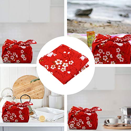 VALICLUD Bento Wrapping Cloth Cherry Flower Rabbit Printed Handkerchief Japanese Style Bento Lunch Bandana Cover Bag Decorative Table Cloth for Home Picnic Camping Outdoor Red