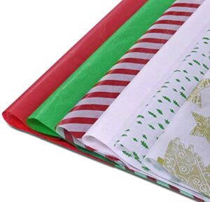 klatie christmas tissue paper, assorted design gift wrapping paper 120 sheets, 20” x 14”, including red, green, white, christmas trees, stripe design, tissue paper for gift bags, christmas wrapping.