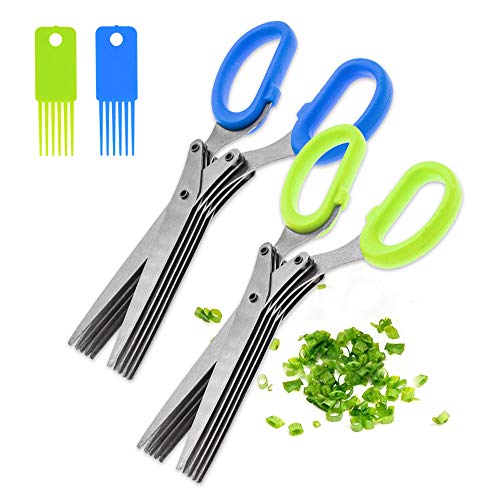 2PCS Stainless Steel Herb Scissors with 5 Blades, Multipurpose Kitchen Cutting Shearring Mincer Tool with Cleaning Comb, Ideal Garden Gadgets for Shredding Vegetables, Paper, Basil, Parsley, Cilantro