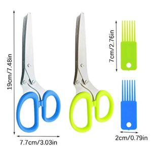 2PCS Stainless Steel Herb Scissors with 5 Blades, Multipurpose Kitchen Cutting Shearring Mincer Tool with Cleaning Comb, Ideal Garden Gadgets for Shredding Vegetables, Paper, Basil, Parsley, Cilantro