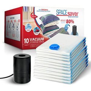 spacesaver vacuum storage bags (electric pump + variety 10-pack) save 80% on clothes storage space - vacuum sealer bags for comforters, blankets, bedding, clothing - compression seal for closet storage.