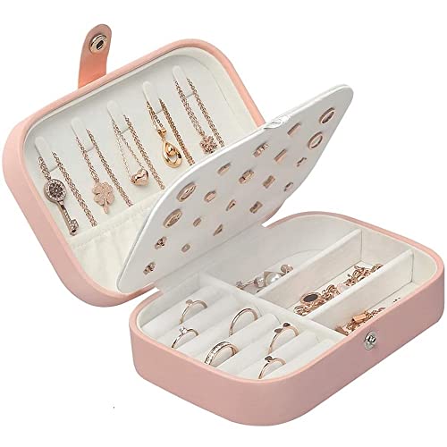 Chelory Small Jewelry Box for Earrings Rings Necklaces Bracelets, PU Leather Portable Travel Jewelry Organizer Case for Women Girls Gift, Mini Double Layer Jewelry Holder Storage Display, Pink