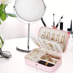 Chelory Small Jewelry Box for Earrings Rings Necklaces Bracelets, PU Leather Portable Travel Jewelry Organizer Case for Women Girls Gift, Mini Double Layer Jewelry Holder Storage Display, Pink