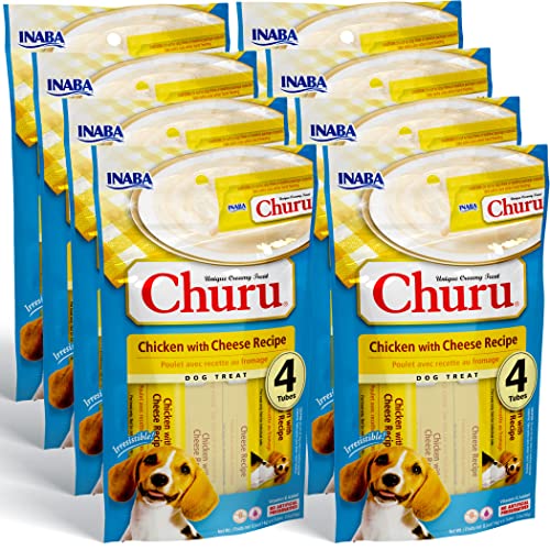 INABA Churu for Dogs, Grain-Free, Lickable, Squeezable Creamy Purée Dog Treat/Topper Tubes, Chicken with Cheese, 0.5 Ounces Each, 4 Count (Pack of 8)